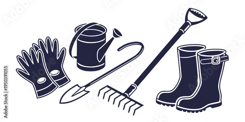 Assorted gardening tools and equipment arranged neatly in a row.