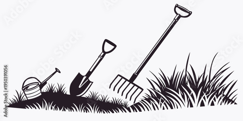 A variety of gardening tools including a spade, rake, and trowel placed in a row