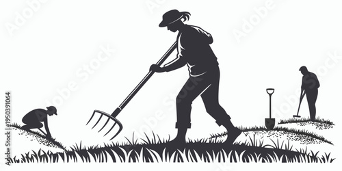 A farmer and a dog working together in a field with farming tools.