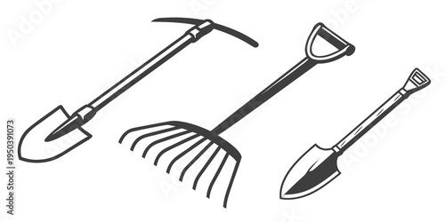 A variety of gardening tools including a spade, rake, and shovel