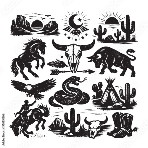 Western Boho Linocut Vector Set – Texas Desert Engraving Collection