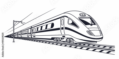 A sleek, modern train traveling at high speed on a railway track.