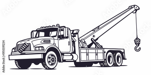 A detailed illustration of a tow truck with a crane attached to its back.