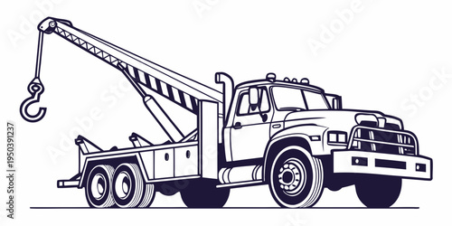 A detailed black and white illustration of a heavy-duty tow truck