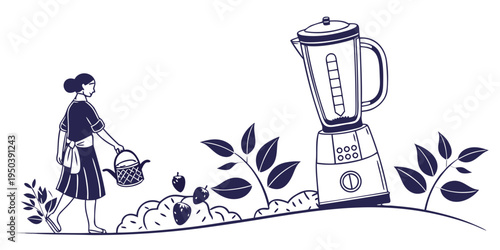 Woman harvesting vegetables for a blender in a garden setting.