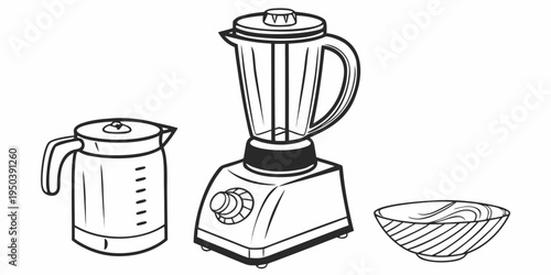 A drawing of a blender, a kettle, and a bowl on a kitchen counter.