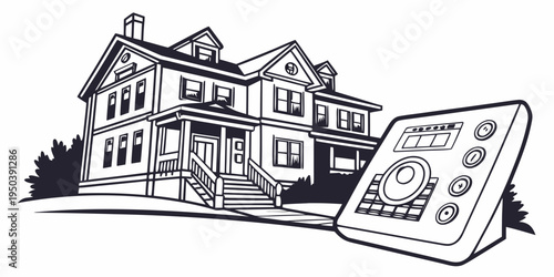 A large, two-story house with a porch and a modern thermostat nearby.