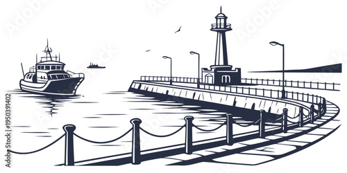 A serene harbor scene with a lighthouse and a ship sailing in the distance