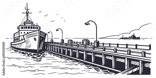 A large ship docked at a pier with a long walkway extending from the shore