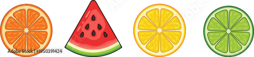 Vector illustration of sliced orange, watermelon, lemon, and lime in vibrant colors for nutrition and food artwork