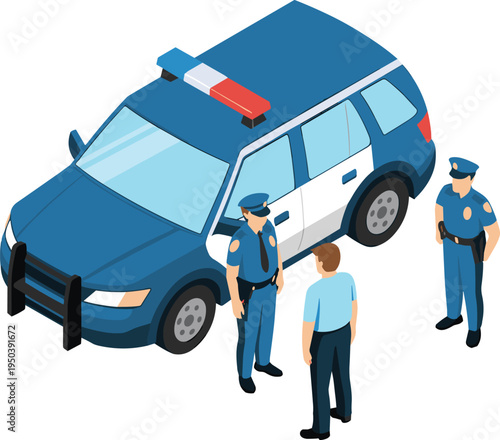 Isometric police officers questioning civilian beside patrol car, law enforcement interaction scene, public safety concept vector illustration