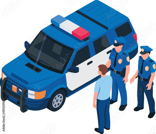 Isometric police officers questioning civilian beside patrol car, law enforcement interaction scene, public safety vector illustration concept design