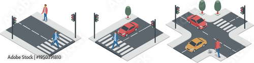 Isometric street crosswalk scenes, pedestrians crossing road with traffic lights and cars, urban traffic safety vector illustration set