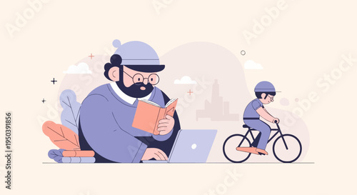 Bearded man with glasses reads book on laptop, while person cycles past