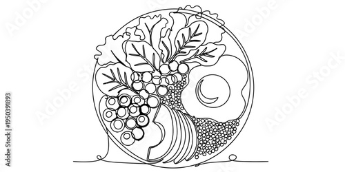 Continuous One Line Drawing of Healthy Salad Bowl with Avocado