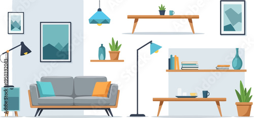 Minimalist living room with furniture, plants, books, and art