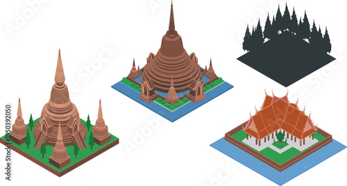 Isometric Thai temple architecture set, traditional Buddhist pagoda and pavilion landmarks, Southeast Asian cultural heritage vector illustration collection
