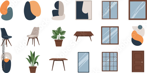 Minimalist interior design elements chairs, plants, tables, windows, door
