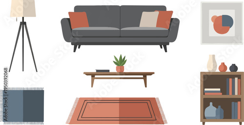 Cozy living room elements including a sofa, lamp, rugs, coffee table, and bookshelf