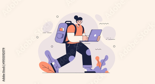 Person with backpack and laptop walking amidst abstract shapes and plants