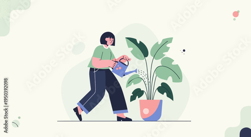 Person watering a large potted plant with a blue watering can