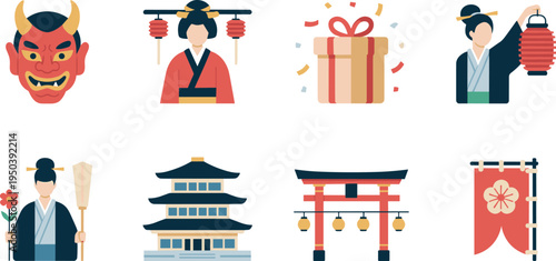 Japanese culture icons collection, oni mask kimono people torii gate pagoda lantern gift box flat vector illustration set