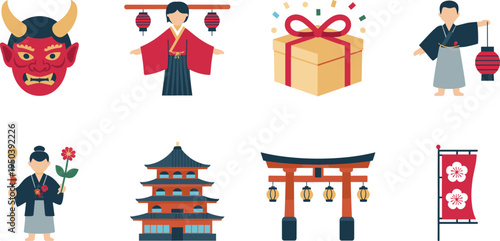 Japanese culture icons set, oni mask kimono people torii gate pagoda lantern gift box flat vector illustration