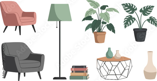 A comfortable living room scene with two armchairs, a floor lamp, potted plants