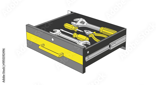 Yellow and gray toolbox with tools.