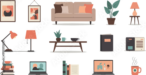 Cozy living room elements art, sofa, plants, lamps, coffee table, books, laptop, mug