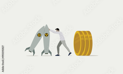 Man pushing nuclear missiles away from stack of gold coins, symbolizing financial risk management