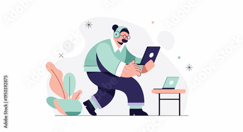 Person in headphones working on laptops near plants and abstract shapes