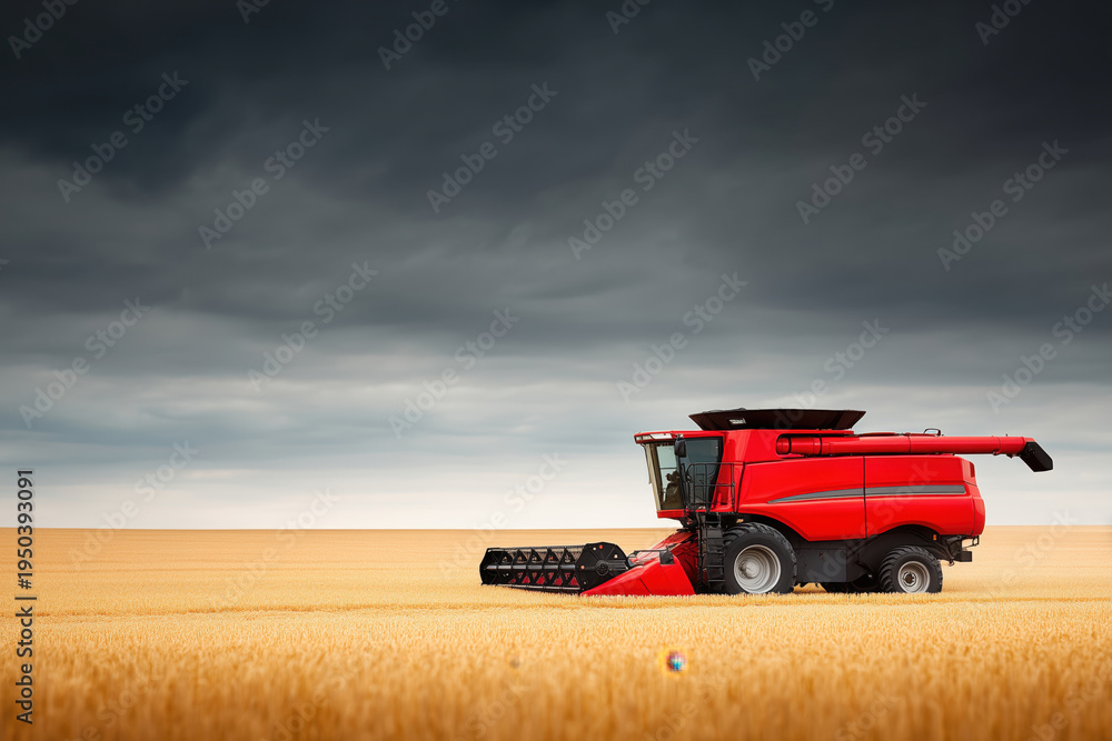 Fototapeta premium red combine harvester in wheat field