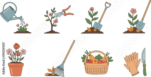 Gardening Tools and Plant Care Illustration Set with Watering Can, Pruning Shears, Shovel, Rake, Flower Pot, Harvest Basket, and Garden Equipment