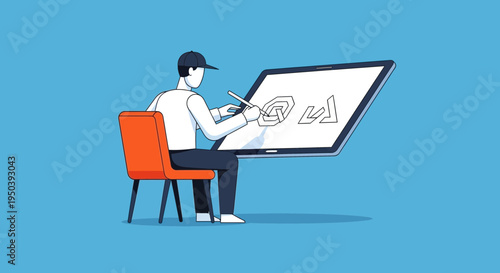 Man sitting and drawing on board.