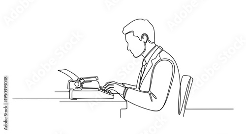 Man sitting at desk typing on typewriter.