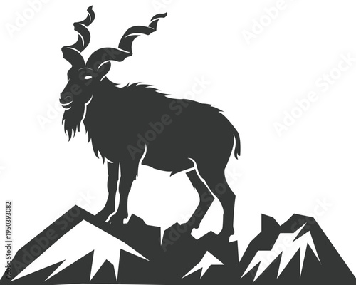 Markhor Wild Goat Silhouette on Mountain Peaks – Majestic Horns Animal Vector Graphic for Logo and Outdoors Branding