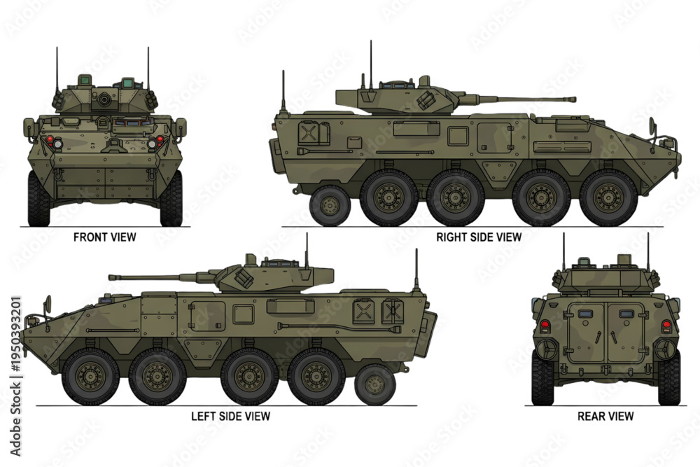 Fototapeta premium Armored Military Vehicle Blueprint – Modern Infantry Fighting Vehicle APC Tank Technical Vector Illustration