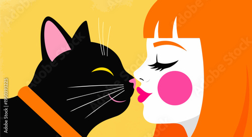 Vector illustration of a woman kissing a black cat