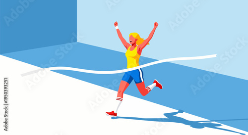 Vector illustration of a runner crossing finish line in a colorful minimalist style