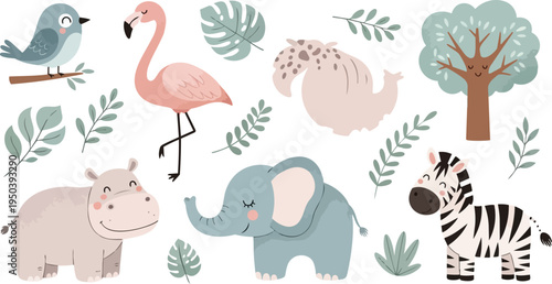 Set of 6 cute safari animals vector icons