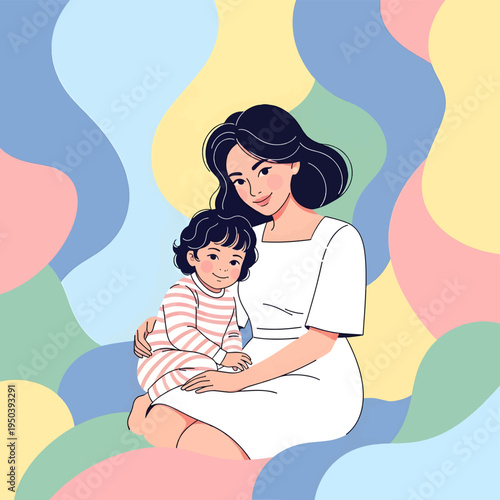 A woman holding a child in her lap with colorful background