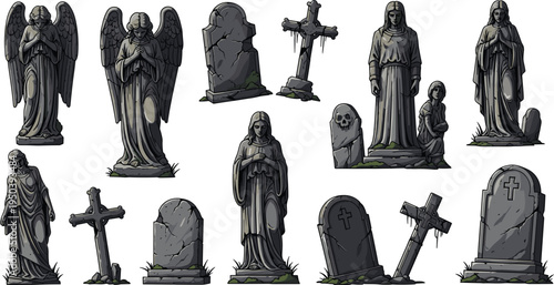 Gothic Cemetery Statue and Tombstone Collection with Angel Sculptures, Cross Gravestones, Broken Monuments, and Dark Graveyard Memorial Elements Vector Illustration Set