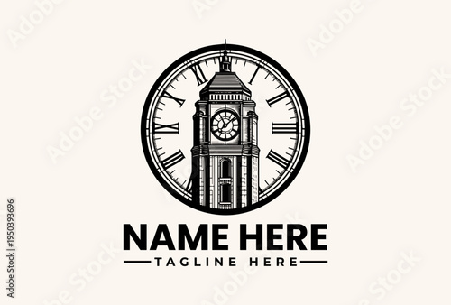 Black and white illustration of a clock tower logo with Roman numerals on a circular clock face and customizable text on a clean white background.