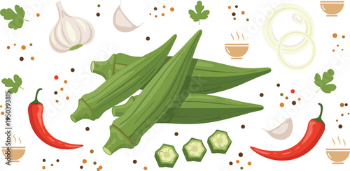 Fresh Okra with Garlic, Chili Pepper, Onion and Spices Cooking Ingredients for Healthy Vegetable Recipe Vector Illustration