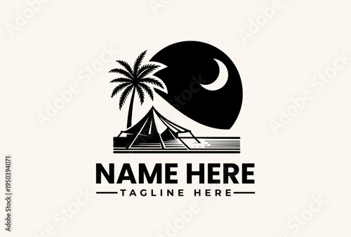 A black and white vector illustration logo featuring a tent, palm tree, and crescent moon on a clean background, with space for a name and tagline.