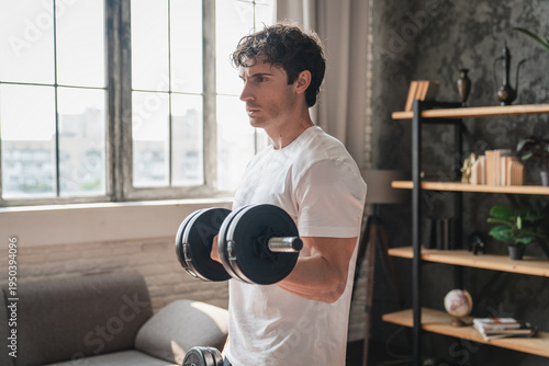 Challenge, bicep curl or active athlete with arm exercise, body building or dumbbells for gain. Home, fitness or man with weights for workout, strength development or muscle training for health goals.