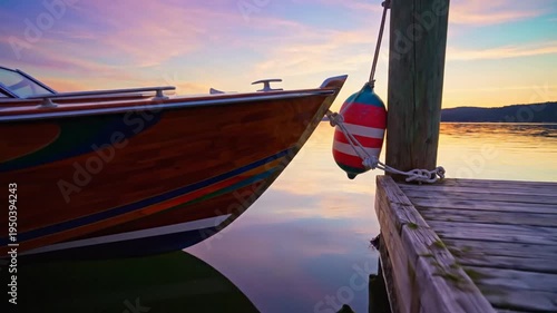 Wooden boat moored at dock during vibrant sunset over water
