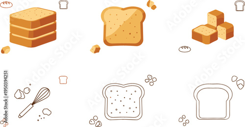 Toast Bread Icon Set with Sliced Bread, Toast Cubes and Bakery Baking Elements Minimal Food Vector Illustration Collection