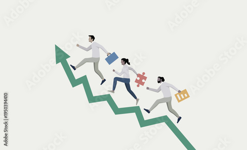 Diverse team members climbing a green upward trending graph, symbolizing progress and success